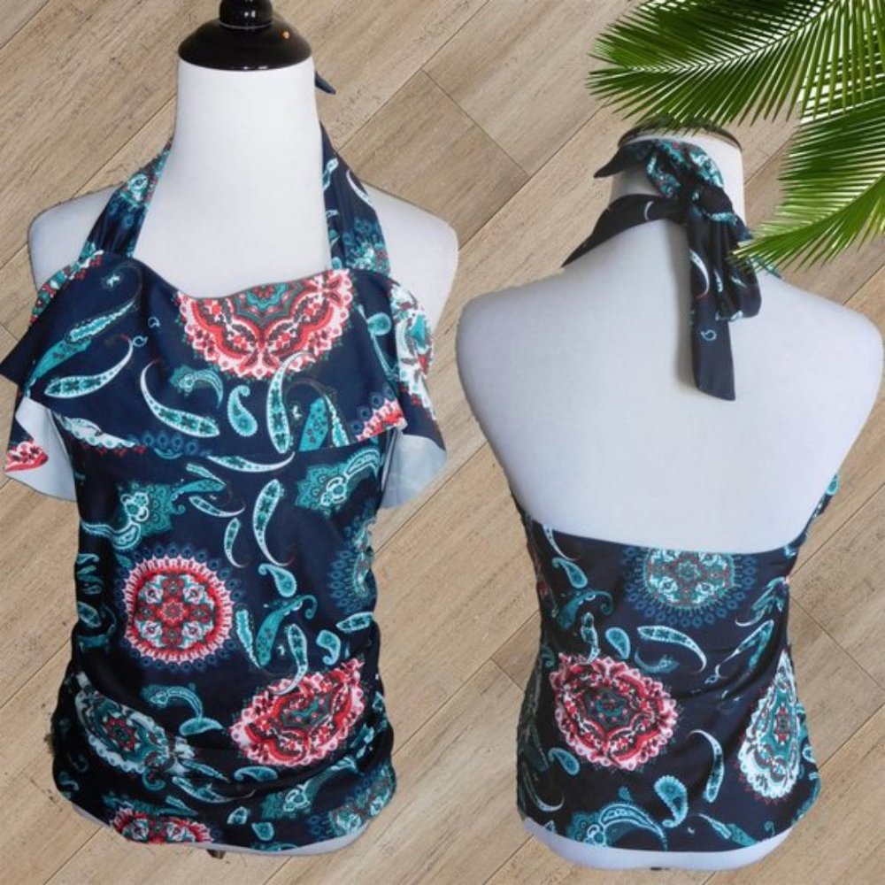 NAVY FLORAL PRINT RUFFLE TWO PIECE SWIMSUIT